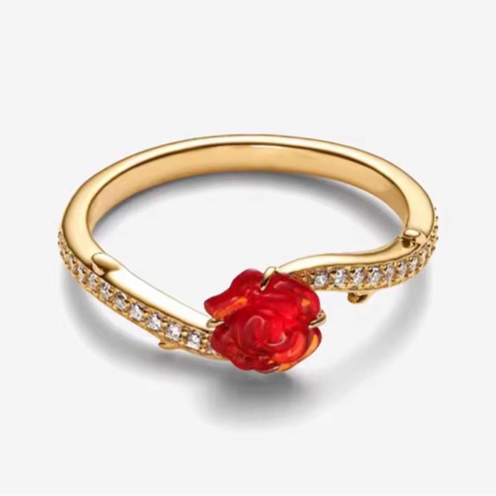 Gold Beauty and the Beast Ring with Red Flower and Crystal Accents